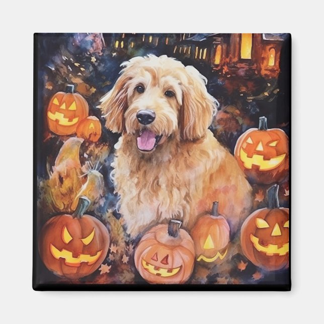 Imán Halloween Goldendoodle con calabazas aterradoras (Frente)