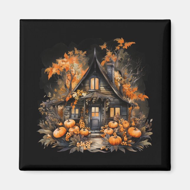 Imán Halloween Haunted House con calabazas y follaje (Frente)