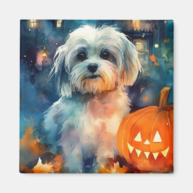 Imán Halloween Havanese con calabazas aterradoras (Frente)
