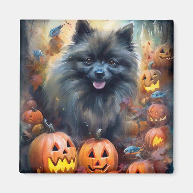 Imán Halloween Keeshond con calabazas aterradoras (Frente)