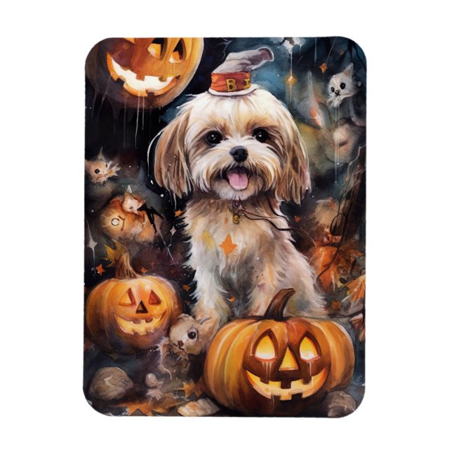 Imán Halloween Lhasa Apso Con Calabazas Temerosas (Vertical)