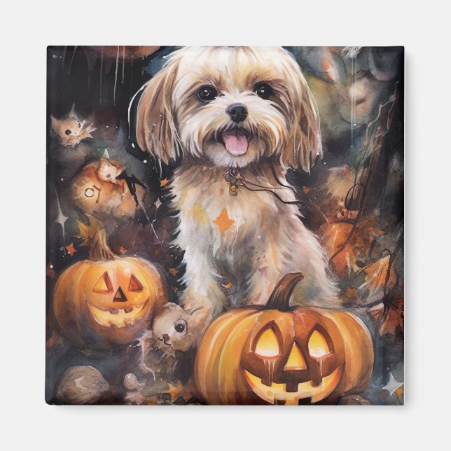 Imán Halloween Lhasa Apso Con Calabazas Temerosas (Frente)