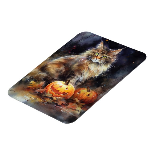 Imán Halloween Maine Coon Cat Con Calabazas Temerosas (Lado Izquierdo)