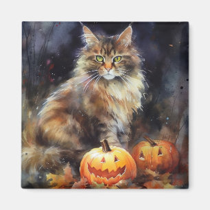 Imán Halloween Maine Coon Cat Con Calabazas Temerosas