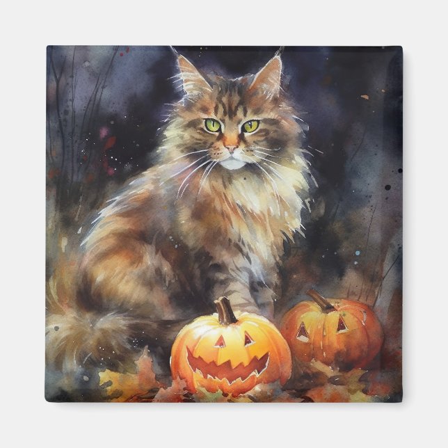 Imán Halloween Maine Coon Cat Con Calabazas Temerosas (Frente)