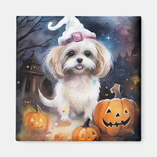 Imán Halloween Malti Tzu con calabazas aterradoras