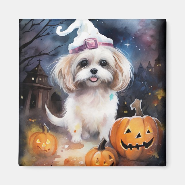 Imán Halloween Malti Tzu con calabazas aterradoras (Frente)