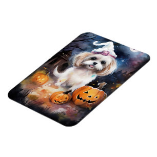 Imán Halloween Malti Tzu con calabazas aterradoras