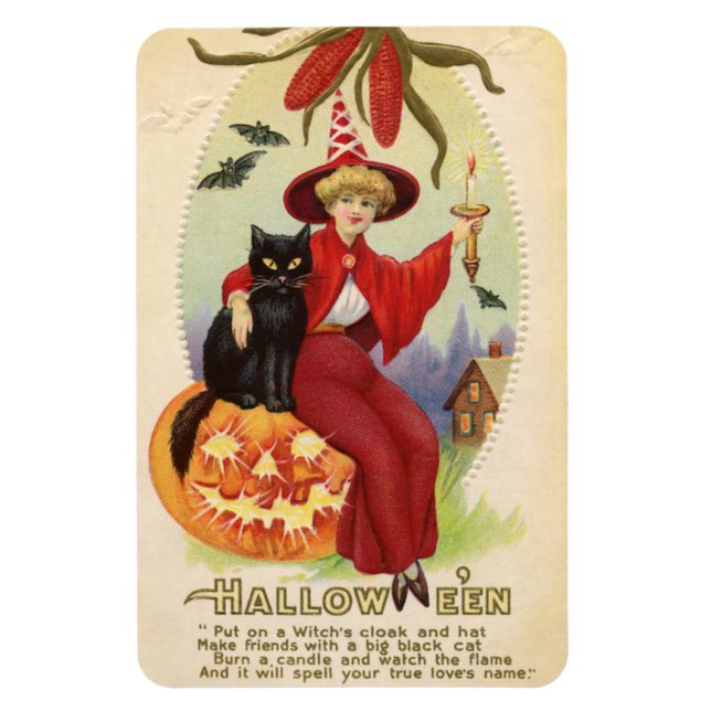 Imán Hallowe'en Red Witch and Black Cat Vintage (Vertical)