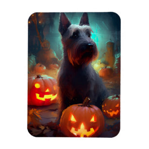 Imán Halloween Scottish Terrier con calabazas aterrador