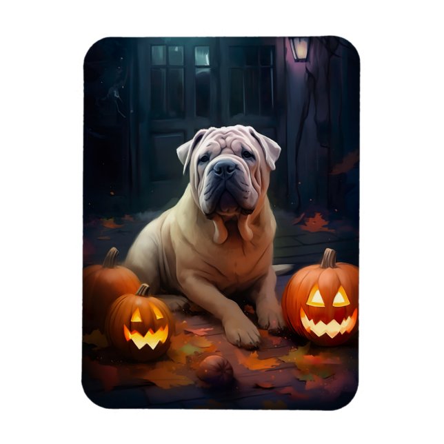 Imán Halloween Shar Pei con calabazas aterradoras (Vertical)