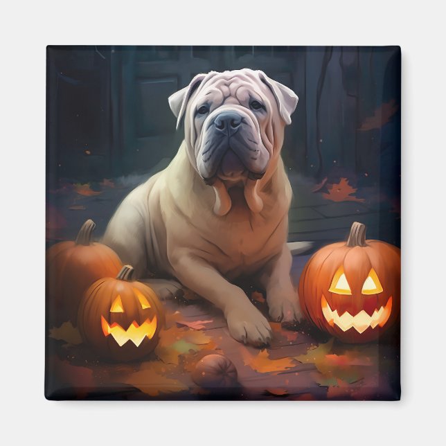 Imán Halloween Shar Pei con calabazas aterradoras (Frente)