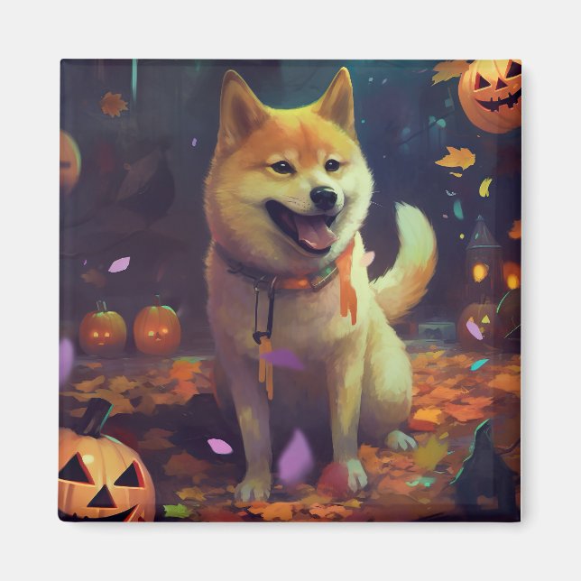 Imán Halloween Shiba Inu con calabazas aterradoras (Frente)