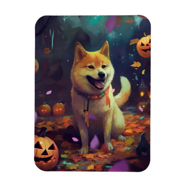 Imán Halloween Shiba Inu con calabazas aterradoras (Vertical)