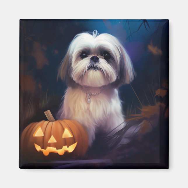 Imán Halloween Shih Tzu con calabazas aterradoras (Frente)