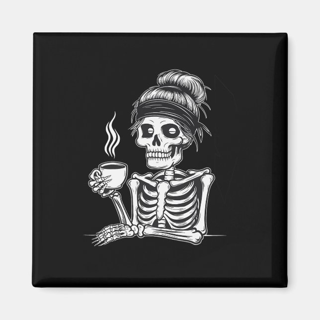 Imán Halloween Skeleton Messy Bun Coffee Funny Costume (Frente)