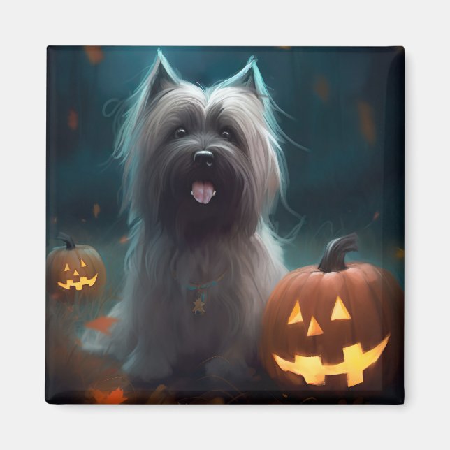 Imán Halloween Skye Terrier con calabazas aterradoras (Frente)