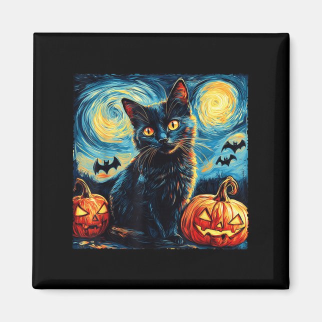 Imán Halloween Van Gogh Noche Estrellada Gatos Negros C (Frente)