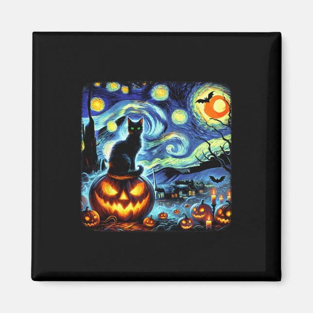 Imán Halloween Van Gogh Starry Night Black Cat Pumpkins (Frente)
