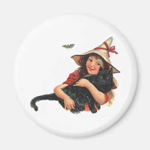 Imán Halloween Vintage, Bruja Niña con Gato Negro