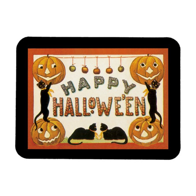 Imán Halloween vintage, gatos negros con farolas (Horizontal)