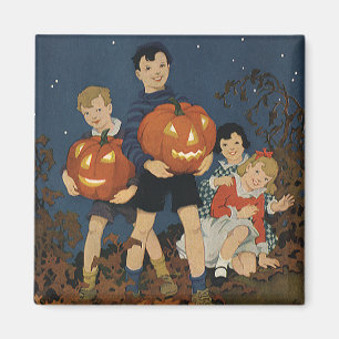 Imán Halloween vintage, niños con calabazas