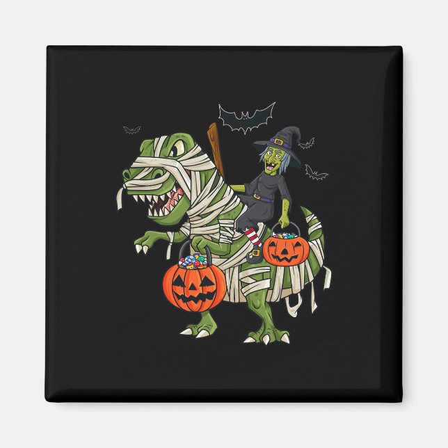 Imán Halloween Witch Riding T Rex Fun Boys Chicas (Frente)
