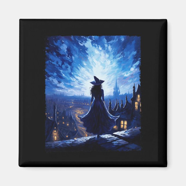 Imán Halloween Witch Starry Night Van Gogh Aesthetic Pa (Frente)