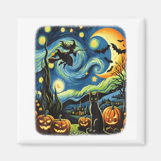 Imán Halloween Witch Van Gogh Starry Night Black Cat Pu (Frente)