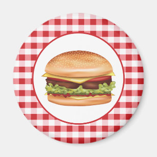 Imán Hamburger Fast Food Ilustracion En Red Gingham