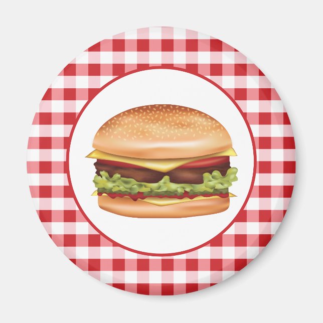 Imán Hamburger Fast Food Ilustracion En Red Gingham (Frente)