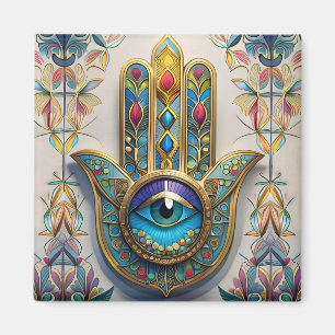 Imán Hamsa de tercer ojo azul-verde con filigrana color