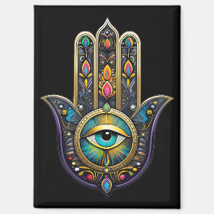 Imán Hamsa negro colorido con tercer ojo turquesa