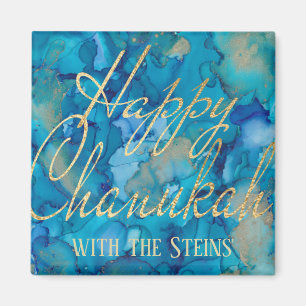Imán Hanukkah Magnet Square Happy Chanukah Gold/Blues