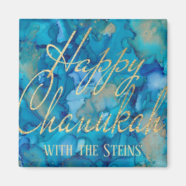 Imán Hanukkah Magnet Square Happy Chanukah Gold/Blues (Frente)