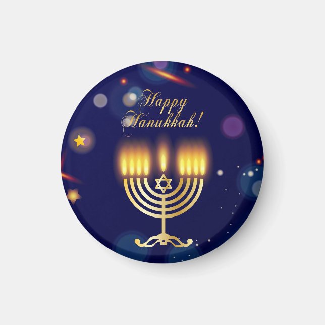 Imán Hanukkiah Feliz Hanukkah Menorá Judía de Oro (Frente)