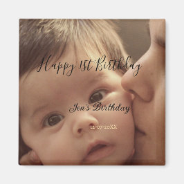 Imán Happy 1st birthday name photo date stylish calligr