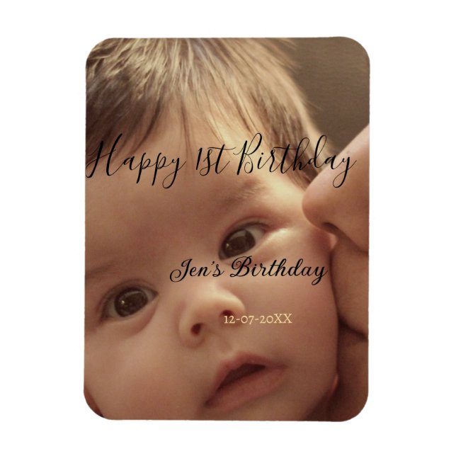 Imán Happy 1st birthday name photo date stylish calligr (Vertical)