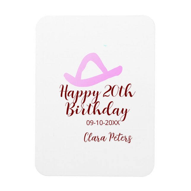 Imán Happy 20th birthday pink cowboy girl name date sim (Vertical)