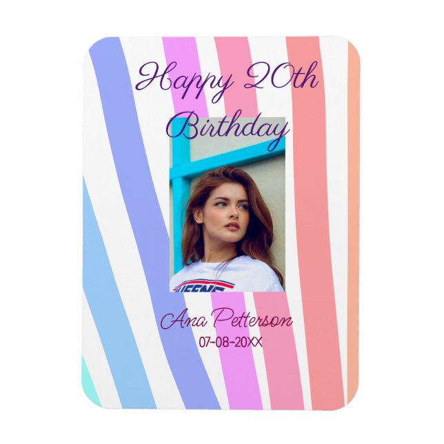 Imán Happy 20th Birthday rainbow rustic boho lines phot (Vertical)
