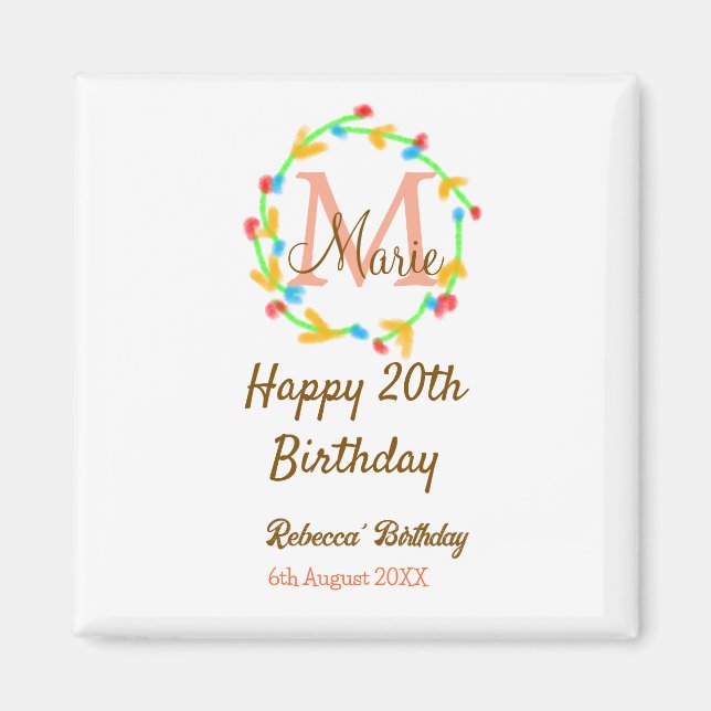 Imán Happy 20th Birthday red add name monogram wreath (Frente)