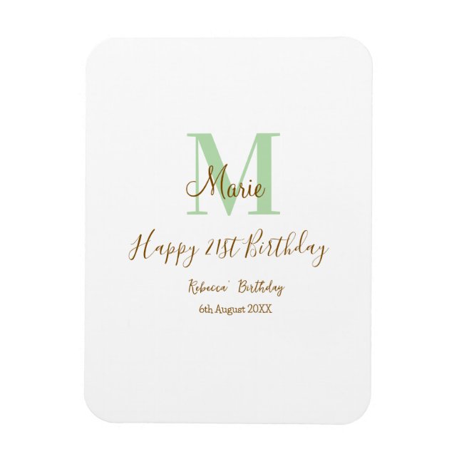 Imán Happy 21st Birthday green add name monogram brown  (Vertical)
