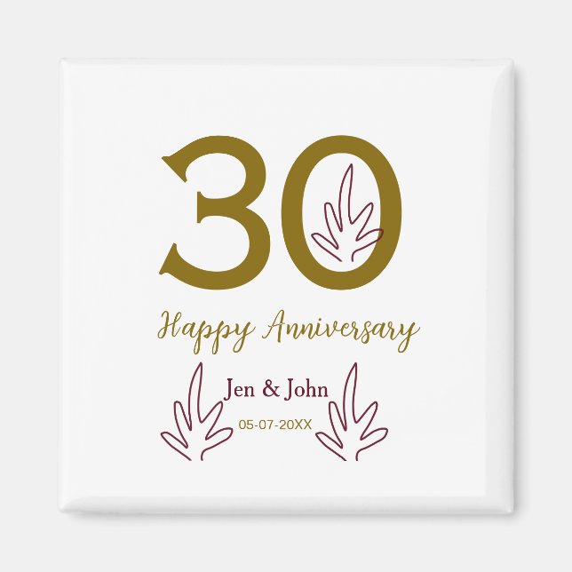 Imán Happy 30th anniversary name date golden red leaf (Frente)