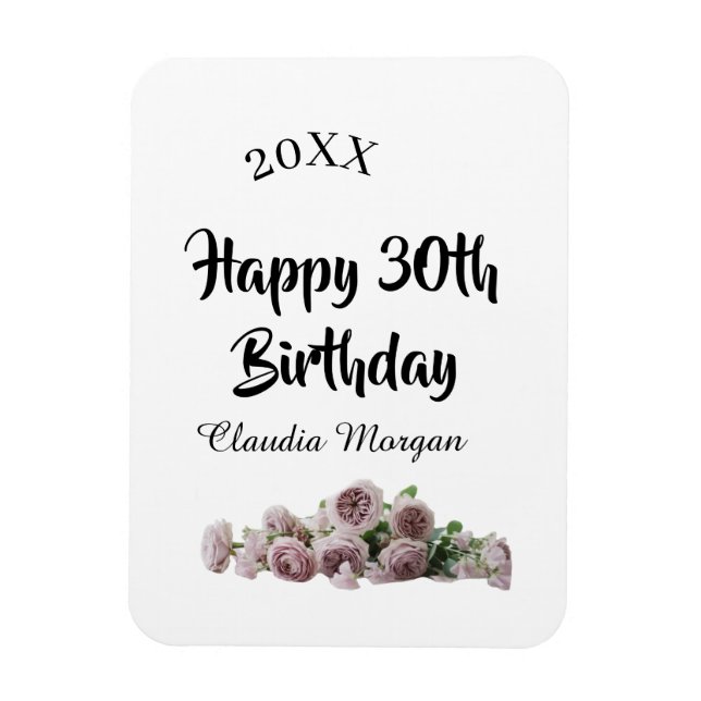 Imán Happy 30th birthday pink white mauve floral name y (Vertical)