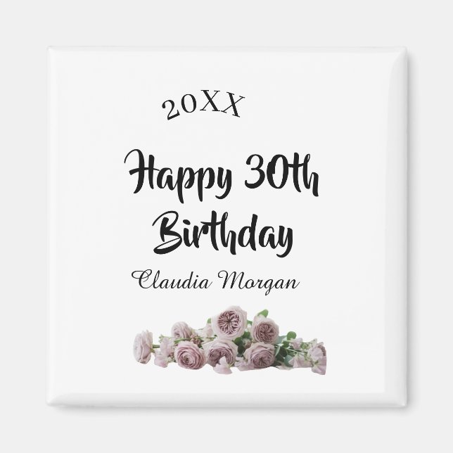Imán Happy 30th birthday pink white mauve floral name y (Frente)