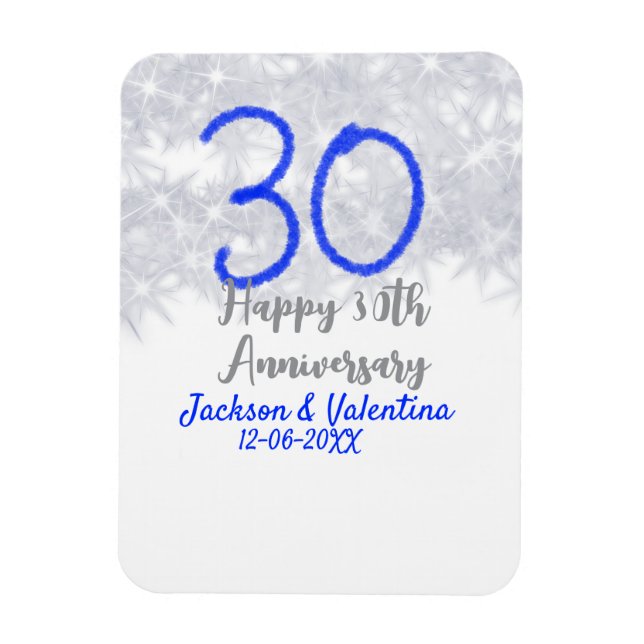 Imán Happy 30th wedding anniversary silver blue glitter (Vertical)
