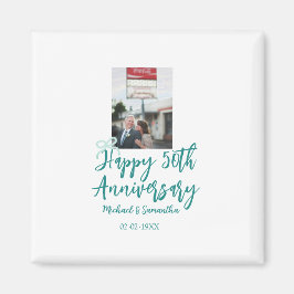 Imán Happy 50th anniversary photo turquoise bow name da