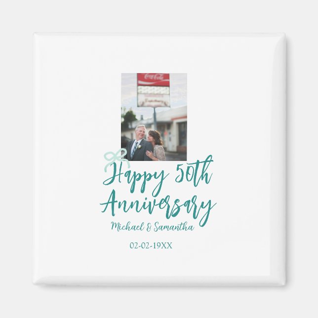 Imán Happy 50th anniversary photo turquoise bow name da (Frente)