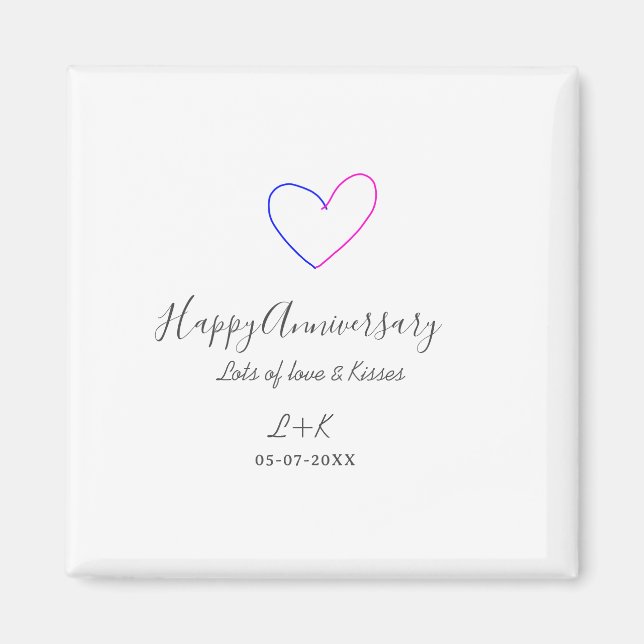 Imán Happy anniversary pink blue heart name date simple (Frente)