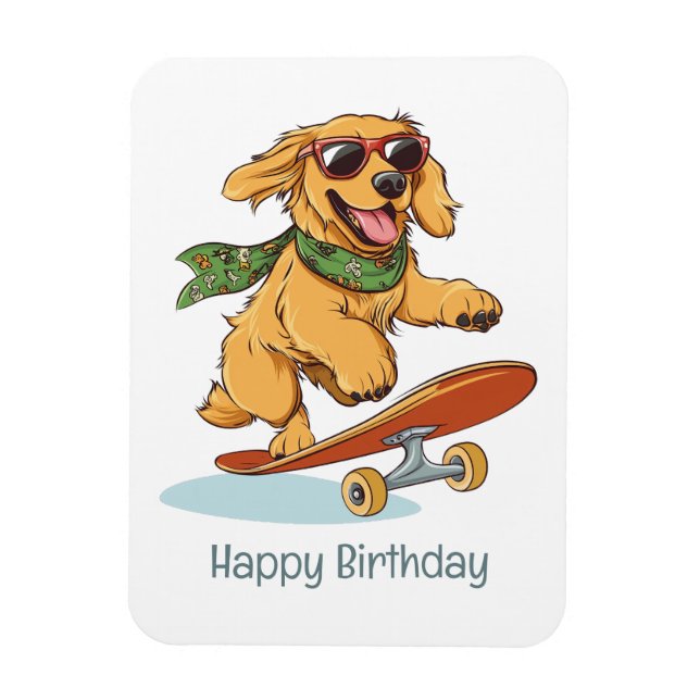 Imán Happy Birthday Golden Retriever Dog Skateboarding (Vertical)